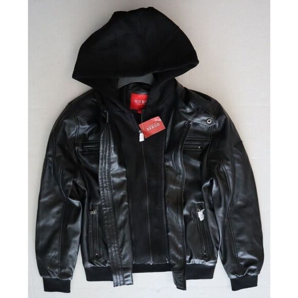 GUESS Men's Sz S Jet Black Faux-Leather Detachable-Hood Motorcycle Jacket - Picture 10 of 13